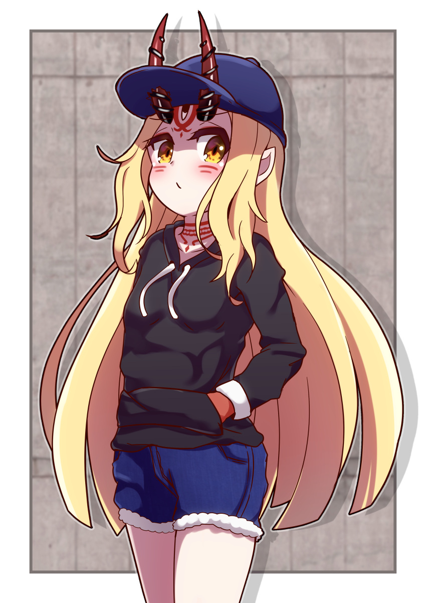 1girl absurdres alternate_costume baseball_cap black_sweater blonde_hair blue_hat blue_shorts blush casual closed_mouth commentary_request cowboy_shot cutoffs drawstring facial_tattoo fate/grand_order fate_(series) hand_in_pocket hat highres horns horns_through_headwear ibaraki_douji_(fate/grand_order) long_hair long_sleeves looking_at_viewer pointy_ears short_shorts shorts solo standing straight_hair sweater tareme tattoo very_long_hair yellow_eyes yuya090602