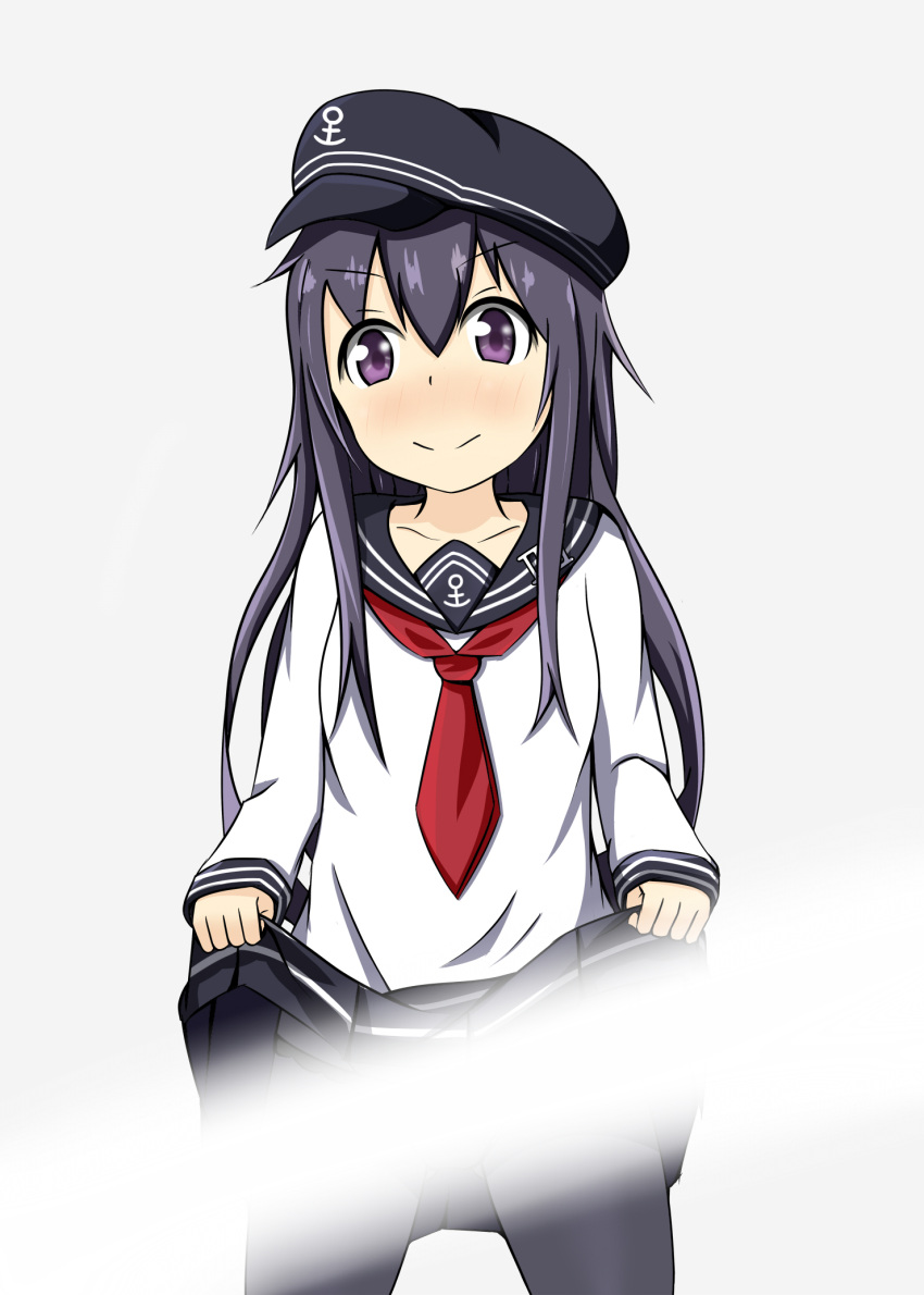 &gt;:) 1girl akatsuki_(kantai_collection) anchor_symbol bangs black_hat black_legwear blush closed_mouth collarbone commentary_request cowboy_shot doyagao eyebrows_visible_through_hair flat_cap grey_background hair_between_eyes hat head_tilt highres kantai_collection lifted_by_self light_censor long_sleeves looking_at_viewer neckerchief nose_blush panties panties_under_pantyhose pantyhose purple_hair red_neckerchief school_uniform serafuku shirt simple_background skirt skirt_lift smile smug solo standing underwear violet_eyes white_shirt