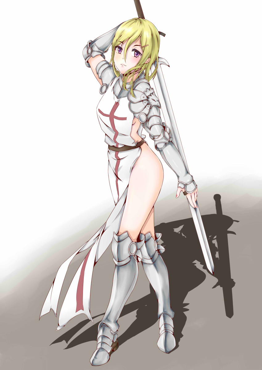 1girl absurdres ass belt blonde_hair boots breasts closed_mouth contrapposto eyelashes greaves hair_ornament hairclip hand_on_blade highres knight legs_crossed looking_at_viewer nail_polish naked_tabard no_panties original pauldrons red_nails shadow sideboob solo sword sword_behind_back tabard thighs vambraces violet_eyes watson_cross weapon white_background yu714202850 zweihander