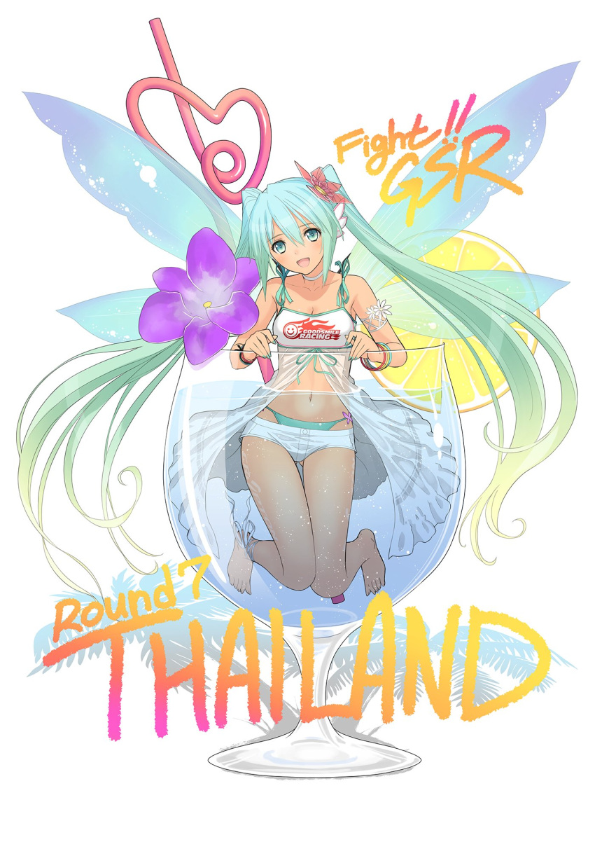 1girl bangs bare_shoulders barefoot bracelet collar collarbone commentary cup drinking_glass drinking_straw eyebrows_visible_through_hair fairy_wings fingernails flower food fruit full_body goodsmile_racing gradient_hair green_eyes green_hair hair_ornament hatsune_miku highres jewelry lemon lemon_slice long_hair looking_at_viewer midriff multicolored_hair navel open_mouth partially_submerged shorts simple_background smile solo tanaka_takayuki twintails very_long_hair white_background wings