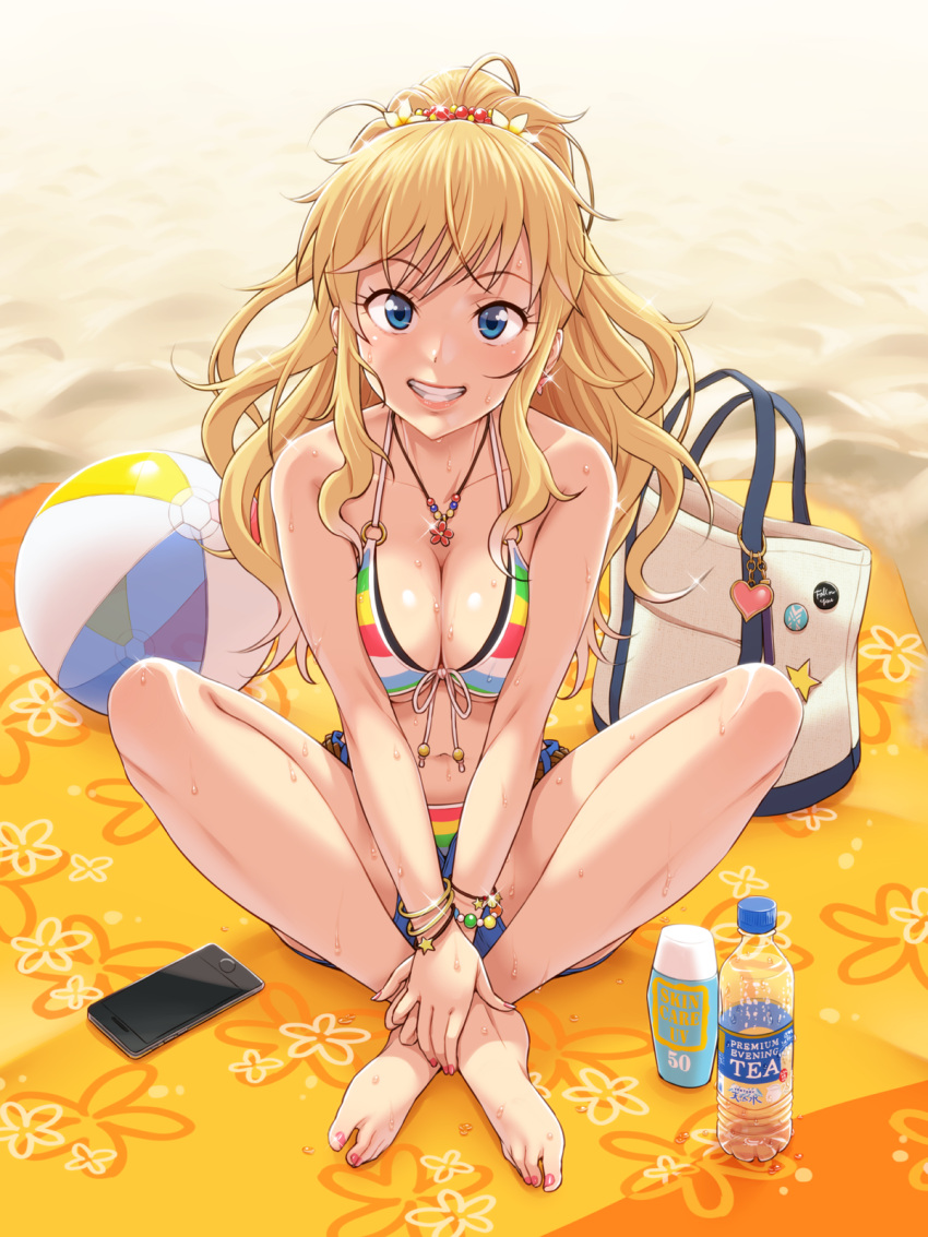 1girl bag ball bare_legs bare_shoulders barefoot beach beach_towel beachball bikini blonde_hair blue_eyes bottle breasts cellphone cleavage collarbone day earrings feet front-tie_bikini front-tie_top full_body grin hair_ornament halter_top halterneck hands_on_feet highres idolmaster idolmaster_cinderella_girls indian_style jewelry large_breasts lips long_hair looking_at_viewer navel necklace nigou ootsuki_yui open_fly outdoors phone ponytail sand short_shorts shorts sitting smartphone smile solo striped striped_bikini sweat swimsuit toenail_polish toes towel wavy_hair