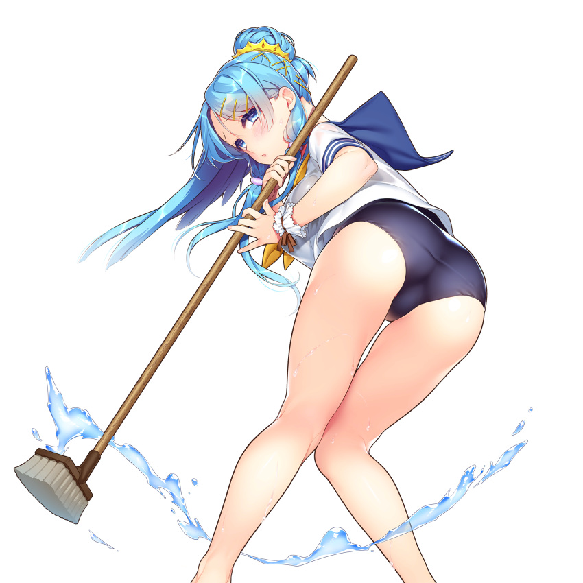 1girl :o ass bare_legs blue_eyes blue_hair blush giuniu hair_bun hair_ornament hairclip highres holding knees_together_feet_apart long_hair looking_at_viewer looking_back mop official_art short_sleeves solo swimsuit swimsuit_under_clothes transparent_background uchi_no_hime-sama_ga_ichiban_kawaii vivienne_(uchi_no_hime-sama_ga_ichiban_kawaii) water wet wrist_cuffs