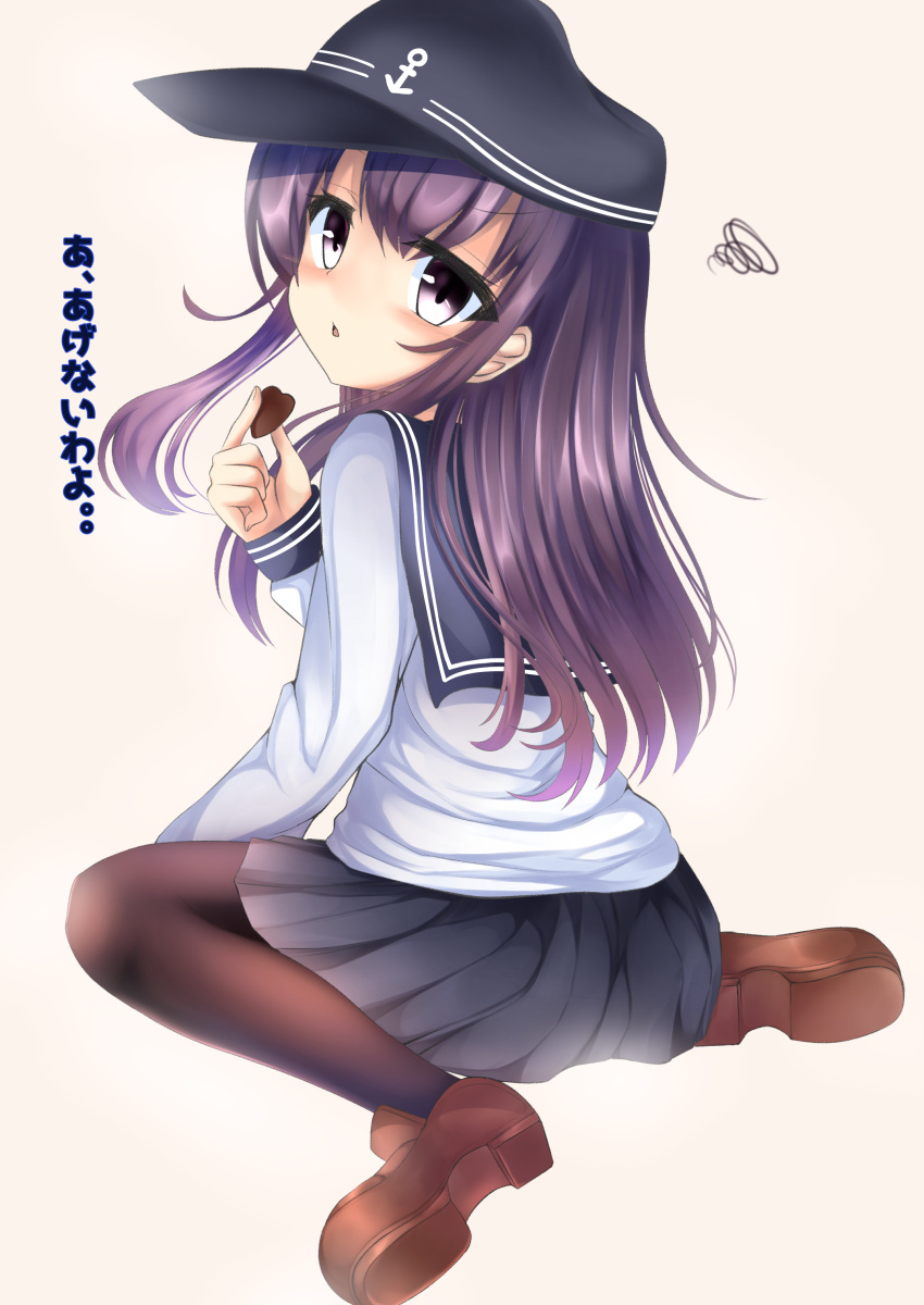 1girl absurdres akatsuki_(kantai_collection) anchor beige_background black_hat black_legwear black_skirt blush brown_footwear chocolate chocolate_heart flat_cap hat heart highres hiragi_ringo kantai_collection loafers long_hair long_sleeves looking_at_viewer looking_back pantyhose parted_lips pleated_skirt purple_hair school_uniform serafuku shirt shoes simple_background sitting skirt sleeves_past_wrists solo squiggle tareme translation_request very_long_hair violet_eyes wariza white_shirt