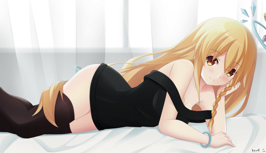 1girl blonde_hair blush braid keenh long_hair looking_at_viewer lying million_arthur_(choujigen_game_neptune) neptune_(series) on_bed on_stomach open_mouth shin_jigen_game_neptune_vii solo yellow_eyes