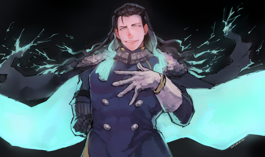 1boy arm_behind_back black_hair blue_eyes coat double-breasted electricity fate/grand_order fate_(series) gloves hand_on_own_chest highres lips long_hair looking_at_viewer male_focus multicolored_hair nikola_tesla_(fate/grand_order) smile smirk solo white_gloves