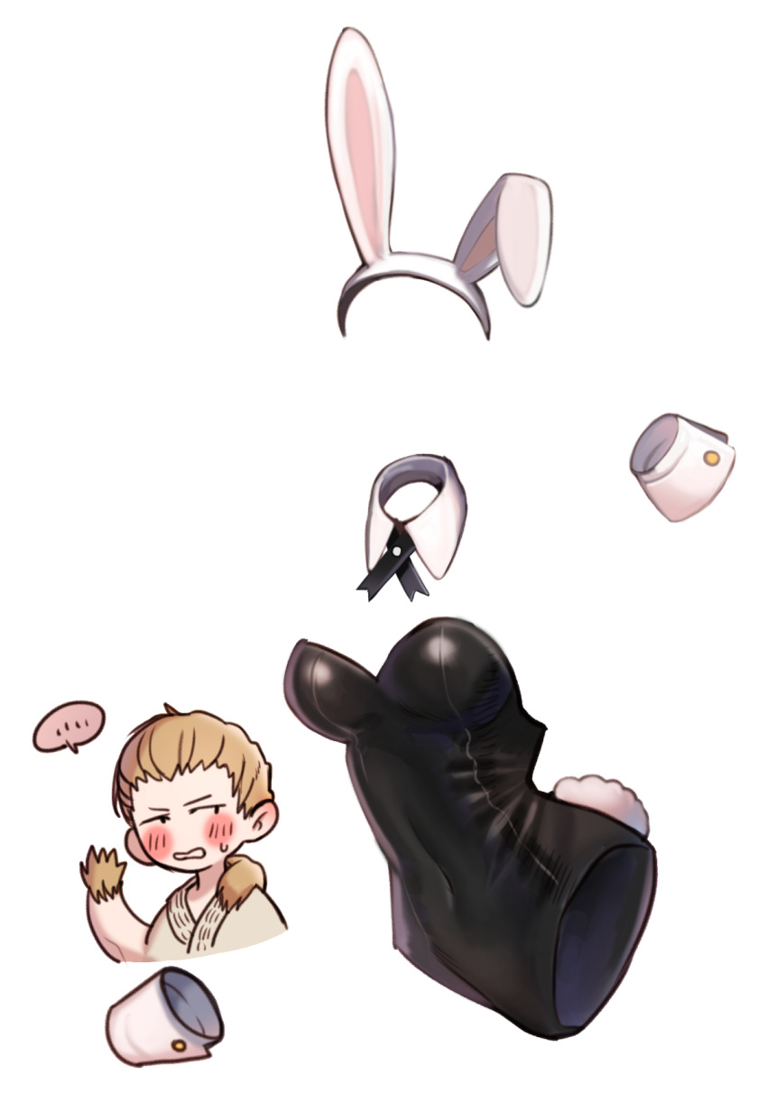 ... 1boy 1girl animal_ears black_leotard blonde_hair blush boku_no_hero_academia bunny_girl bunny_tail bunnysuit covered_navel detached_collar fake_animal_ears hagakure_tooru highres invisible leotard looking_at_another ojiro_mashirao rabbit_ears raran_(lllng000) skin_tight strapless strapless_leotard sweatdrop tail white_background wrist_cuffs