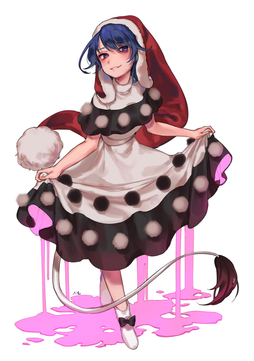 1girl absurdres bare_arms black_bow black_dress blue_eyes blue_hair bow cape doremy_sweet dress dress_lift full_body hat highres lifted_by_self looking_at_viewer nightcap pom_pom_(clothes) shan short_hair simple_background smile socks solo standing tail tapir_tail touhou turtleneck white_background white_legwear