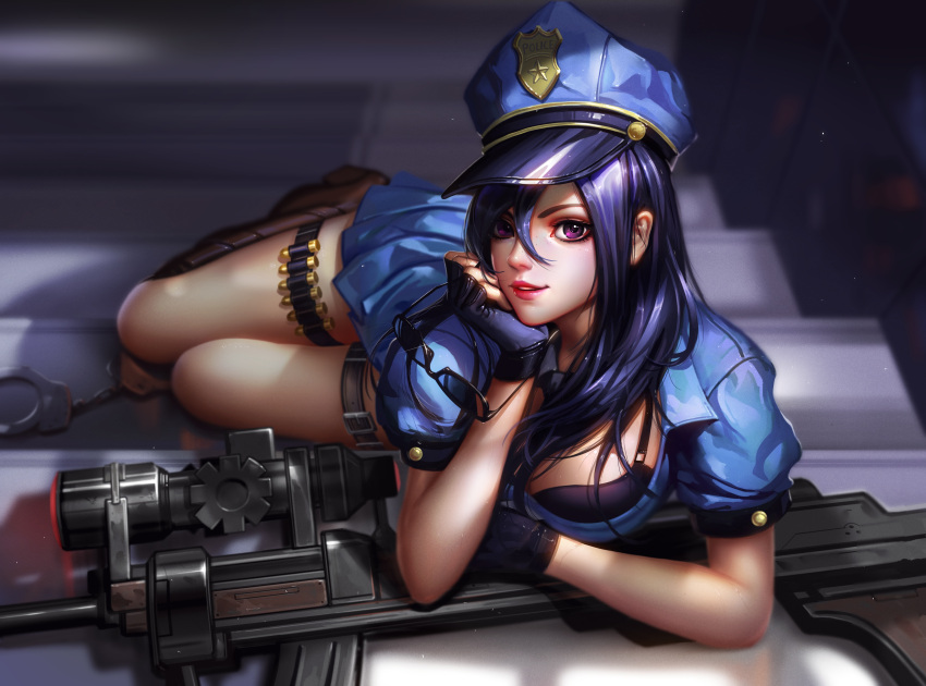 1girl absurdres alternate_costume arm_support blue_hair bra braid caitlyn_(league_of_legends) cuffs fingerless_gloves glasses gloves gun handcuffs hat highres league_of_legends liang_xing long_hair looking_at_viewer lying necktie officer_caitlyn on_side police police_hat police_uniform policewoman rifle short_sleeves skirt sniper_rifle solo stairs underwear uniform violet_eyes weapon