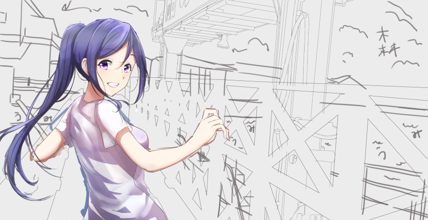 1girl blue_hair grin highres long_hair looking_back love_live! love_live!_sunshine!! matsuura_kanan otsumami_(otsu-mugi) ponytail shirt sketch smile solo t-shirt violet_eyes white_shirt