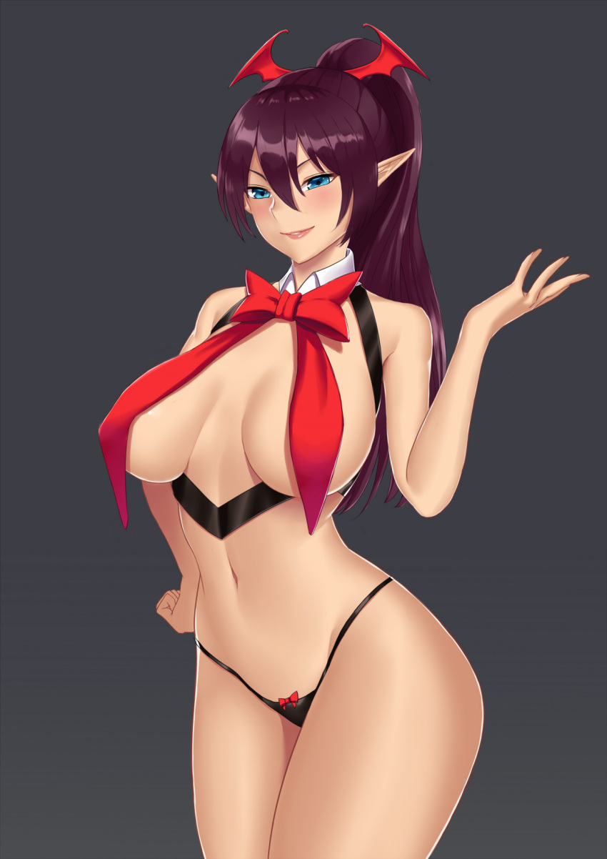 &gt;:) 1girl bare_arms bare_shoulders bat_hair_ornament black_panties blue_eyes bow_panties breasts cowboy_shot demon_girl hair_ornament hand_on_hip head_wings highleg highleg_panties highres kono_subarashii_sekai_ni_shukufuku_wo! large_breasts long_hair looking_at_viewer navel panties parted_lips pointy_ears ponytail purple_hair revealing_clothes smile solo stomach succubus under_boob underwear vanquice