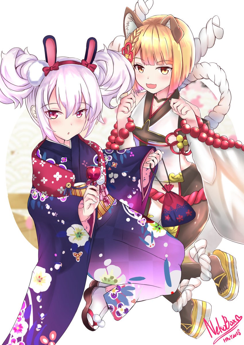 2girls :3 :d :o absurdres animal_ears azur_lane bangs bare_shoulders black_legwear blonde_hair blue_kimono blush bow braid brown_eyes brown_footwear candy_apple collarbone commentary crossover detached_sleeves dog_ears eyebrows_visible_through_hair fingernails floral_print food granblue_fantasy hair_between_eyes hair_up hairband highres holding holding_food japanese_clothes kimono kinchaku laffey_(azur_lane) long_sleeves multiple_girls nail_polish nekobox obi open_mouth pantyhose parted_lips pouch print_kimono rabbit_ears red_bow red_hairband sash silver_hair sleeveless smile socks tabi vajra_(granblue_fantasy) violet_eyes white_background white_legwear white_nails wide_sleeves zouri