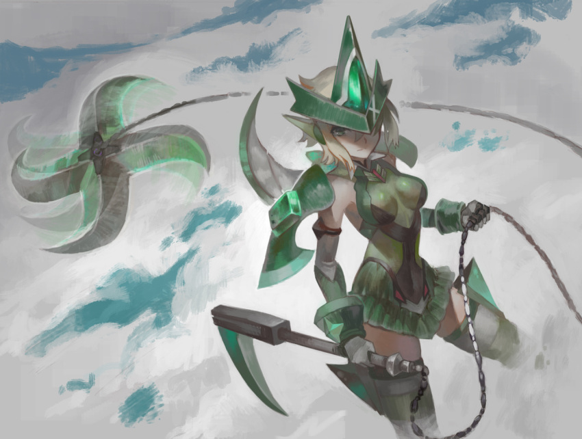 10s 1girl afterimage akatsuki_kirika bare_shoulders blonde_hair breasts breasts_apart chains closed_mouth covered_navel elbow_gloves expressionless gloves green_eyes headgear kusarigama legs_apart leotard looking_at_viewer magical_girl medium_breasts pauldrons senki_zesshou_symphogear short_hair sickle skin_tight skirt smoke solo standing striped striped_legwear thigh-highs visqi weapon