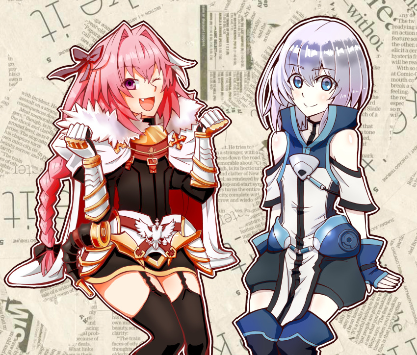 2boys belt black_bow blue_eyes bow braid cape clenched_hands ernesti_echevalier fang fate/apocrypha fate_(series) fingerless_gloves fur-trimmed_cape fur_trim garter_straps gauntlets gloves hair_bow hair_intakes highres horn_(instrument) invisible_chair knight's_&amp;_magic knight's_and_magic long_hair looking_at_viewer multiple_boys newspaper newsprint_background newsprint_texture one_eye_closed open_mouth outline pink_hair rider_of_black shinjuu_inuo shorts shoulder_cutout silver_hair sitting skirt smile tabard thigh-highs thighs two-headed_eagle