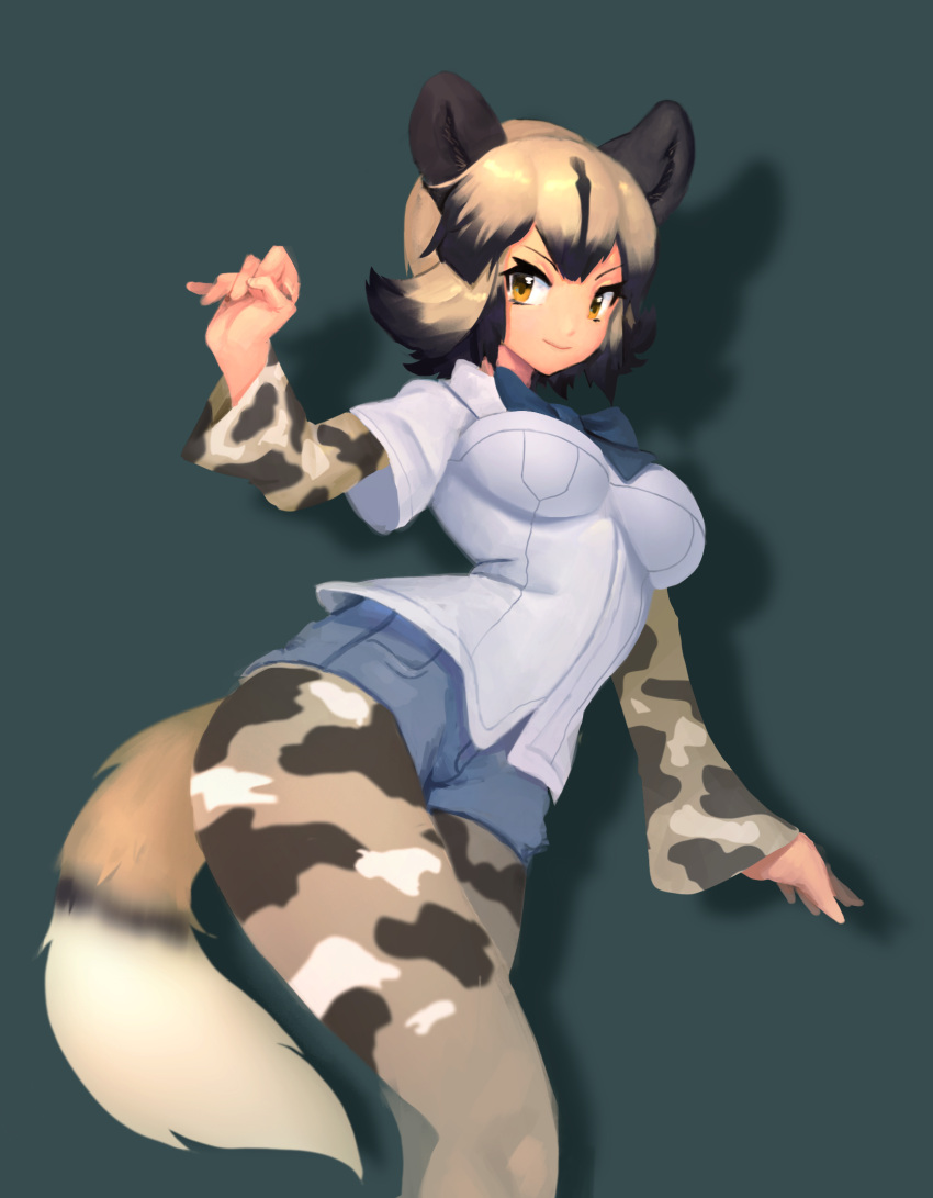1girl african_wild_dog_(kemono_friends) african_wild_dog_ears african_wild_dog_print african_wild_dog_tail animal_ears aqua_background black_hair blue_bow blue_neckwear blue_shorts bow bowtie breasts closed_mouth collared_shirt denim denim_shorts eyebrows_visible_through_hair eyelashes highres impossible_clothes impossible_shirt kemono_friends lang. light_brown_hair long_sleeves medium_breasts multicolored multicolored_clothes multicolored_hair multicolored_legwear orange_eyes pantyhose pantyhose_under_shorts pocket shirt short_hair short_sleeves shorts simple_background smile solo tail tsurime two-tone_hair white_shirt wide_sleeves