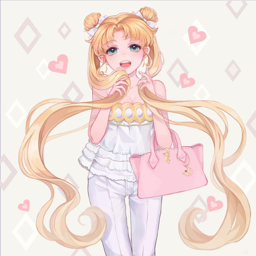 +1_(yakusoku0722) 1girl :d adapted_costume aqua_eyes bag bangs bare_shoulders bishoujo_senshi_sailor_moon blonde_hair contemporary crescent_moon_symbol double_bun earrings highres holding holding_hair jewelry keychain long_hair looking_at_viewer open_mouth pants parted_bangs simple_background smile solo teeth thigh_gap tsukino_usagi twintails very_long_hair white_pants