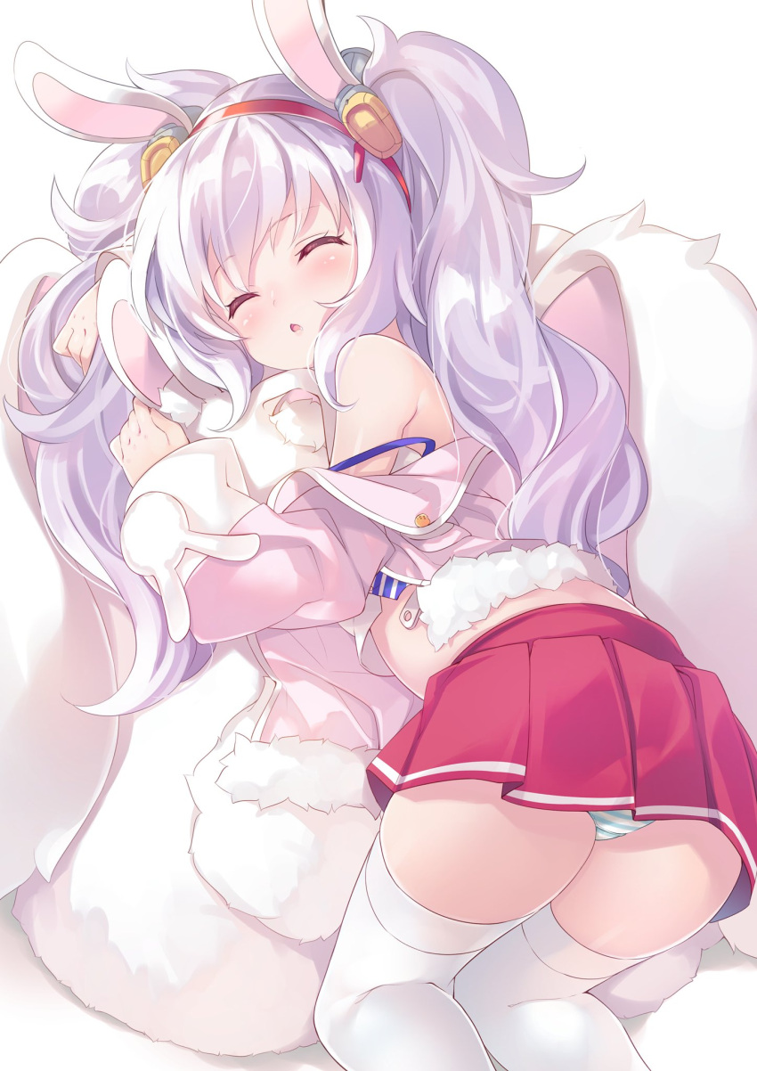 1girl animal_ears ass azur_lane bangs bare_shoulders blue_panties blush camisole closed_eyes drooling eyebrows_visible_through_hair fake_animal_ears from_above fur-trimmed_jacket fur_trim hair_ornament hairband highres horizontal-striped_panties jacket laffey_(azur_lane) long_hair long_sleeves lying mayuzaki_yuu off_shoulder on_side open_clothes open_jacket panties pantyshot pantyshot_(lying) parted_lips pink_jacket pleated_skirt rabbit_ears red_eyes red_hairband red_skirt saliva sidelocks silver_hair simple_background skirt sky sleeping solo spaghetti_strap strap_slip striped striped_panties thigh-highs twintails underwear white_background white_camisole white_legwear