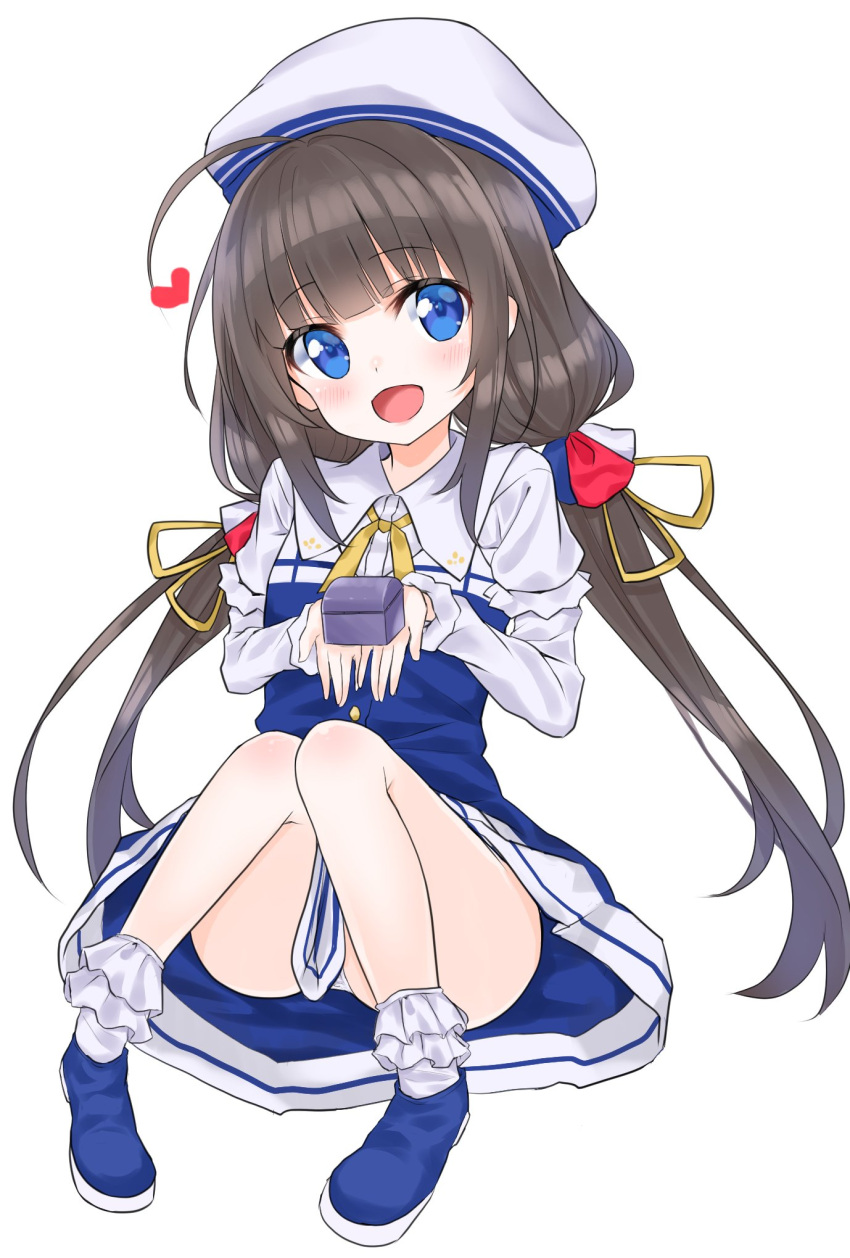 10s 1girl :d ahoge bangs beret blue_dress blue_eyes blue_footwear blunt_bangs blush bobby_socks brown_hair collared_shirt commentary_request dress eyebrows_visible_through_hair hair_ribbon hashiko_no_woto hat head_tilt heart highres hinatsuru_ai juliet_sleeves long_hair long_sleeves looking_at_viewer low_twintails open_mouth panties panty_peek puffy_sleeves ribbon ring_box ryuuou_no_oshigoto! shirt shoes simple_background sitting smile socks solo tareme twintails undershirt underwear very_long_hair white_background white_hat white_legwear white_panties white_shirt yellow_ribbon