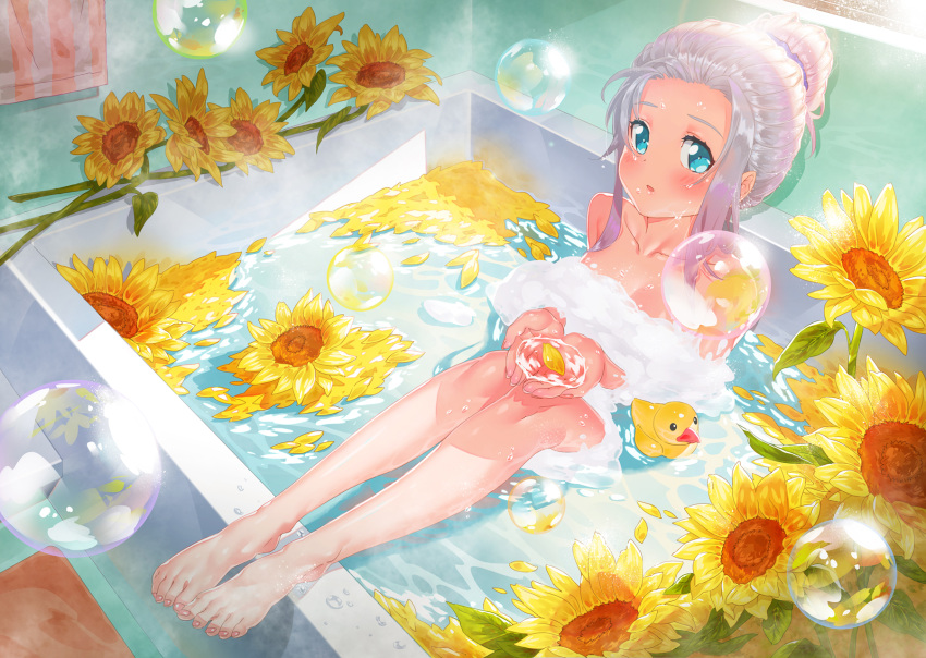 1girl barefoot bathing bathtub blue_eyes blush bubble commentary_request cupping_hands eromanga_sensei feet flower foam from_above full_body hair_up highres izumi_sagiri long_hair nude parted_lips petals rubber_duck silver_hair sitting solo sunflower sunlight toes towel towel_on_head translation_request water waterring wet