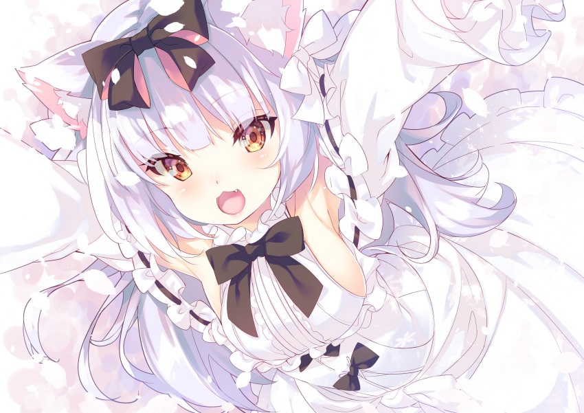 1girl :3 :d absurdres animal_ears armpits arms_up azur_lane bangs black_bow black_ribbon blush bow breasts brown_eyes cat_ears center_frills dress eyebrows_visible_through_hair fang frilled_dress frilled_sleeves frills from_above hair_between_eyes hair_bow hair_ribbon highres large_breasts long_hair long_sleeves looking_at_viewer mayuzaki_yuu off-shoulder_dress off_shoulder open_mouth outstretched_arms ribbon ribbon-trimmed_sleeves ribbon_trim sideboob sidelocks silver_hair smile solo white_background white_bow white_dress white_ribbon yukikaze_(azur_lane)