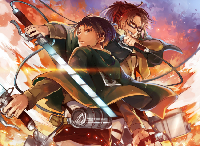 1boy 1girl brown_eyes brown_hair capelet day dual_wielding glasses grin hange_zoe holding holding_sword holding_weapon levi_(shingeki_no_kyojin) military military_uniform outdoors ponytail shingeki_no_kyojin short_hair sketch smile sword three-dimensional_maneuver_gear uniform weapon yorukage