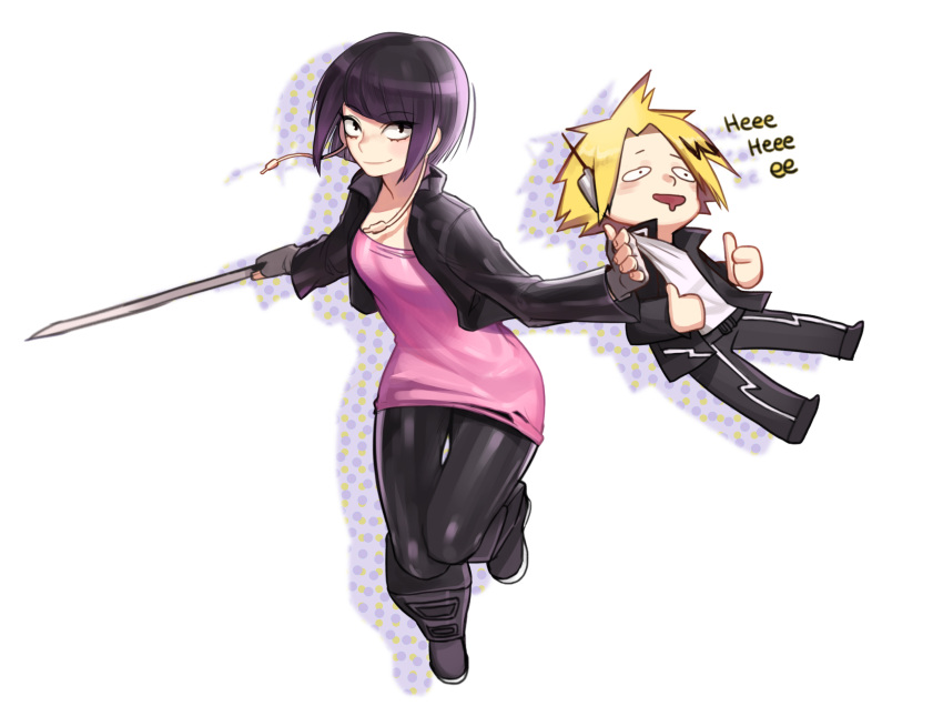 1boy 1girl bangs black_eyes black_hair black_jacket black_pants blonde_hair blunt_bangs boku_no_hero_academia dress drooling fingerless_gloves full_body gloves headgear highres jacket jirou_kyouka kaminari_denki looking_at_viewer open_clothes open_jacket pants pink_dress raran_(lllng000) skin_tight smile sword weapon white_gloves