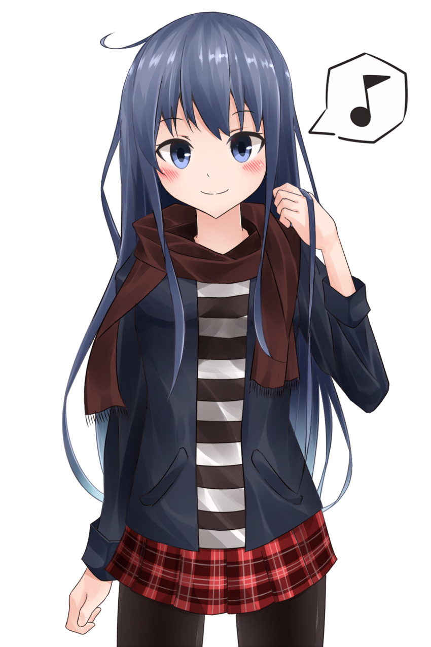 1girl akatsuki_(kantai_collection) bangs blue_hair blue_jacket blush brown_legwear brown_scarf closed_mouth commentary_request cowboy_shot eyebrows_visible_through_hair gradient_hair hamayuu_(litore) highres jacket kantai_collection long_sleeves looking_at_viewer multicolored_hair musical_note pantyhose plaid plaid_skirt pleated_skirt purple_hair quaver red_skirt shirt simple_background skirt smile solo spoken_musical_note standing striped striped_shirt violet_eyes white_background