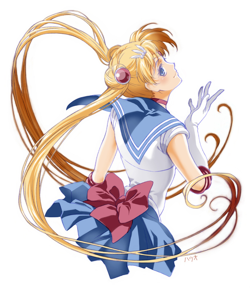 1girl artist_name bishoujo_senshi_sailor_moon blue_eyes blue_skirt bow choker closed_mouth elbow_gloves gloves hair_ornament hairclip hatsuo highres long_hair looking_back miniskirt red_bow sailor_collar sailor_moon skirt tsukino_usagi twintails very_long_hair white_background white_gloves