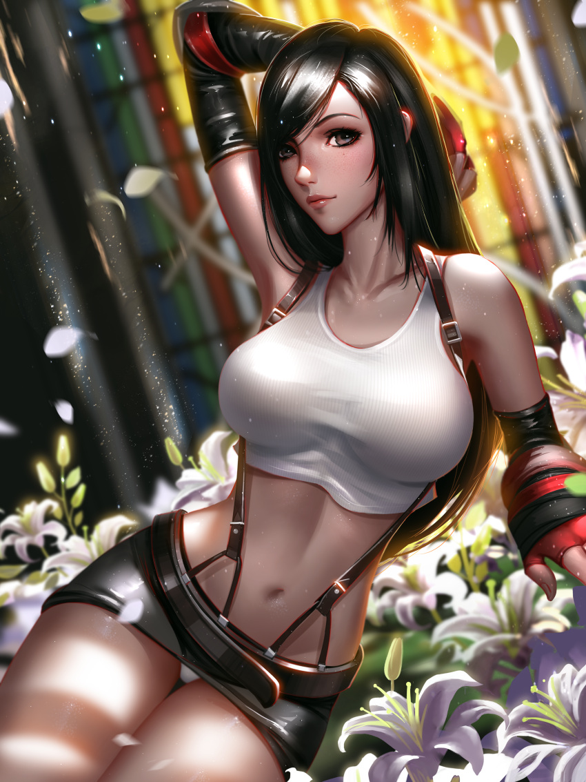 1girl absurdres arm_at_side arm_behind_head arm_up bangs bare_shoulders belt black_gloves black_hair breasts brown_eyes closed_mouth collarbone cowboy_shot crop_top dress elbow_gloves elbow_pads final_fantasy final_fantasy_vii fingerless_gloves flower freckles gloves groin highres huge_filesize jewelry large_breasts leaf liang_xing long_hair looking_at_viewer microskirt midriff miniskirt navel nose panties patreon_reward petals pink_lips plant red_gloves shirt sidelocks sitting skirt skirt_lift sleeveless sleeveless_dress smile solo stomach suspenders swept_bangs tank_top thigh_gap tifa_lockhart underwear white_flower white_panties white_shirt yokozuwari