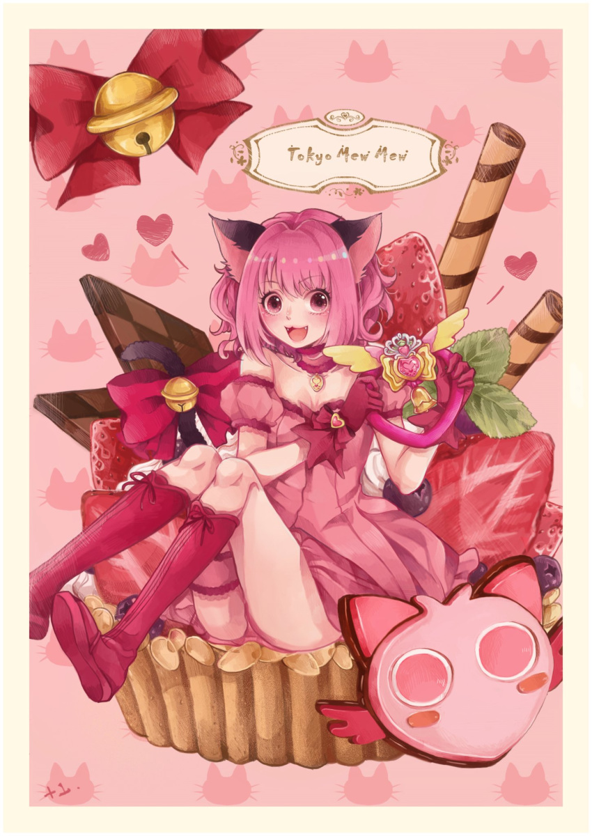 +1_(yakusoku0722) 1girl :3 :d animal_ears bare_shoulders bell boots border bow cat_ears cat_tail chocolate choker copyright_name cupcake dress fangs food fruit giant_object gloves heart highres holding jingle_bell knee_boots looking_at_viewer mew_ichigo momomiya_ichigo open_mouth pink_dress pink_eyes pink_hair puffy_short_sleeves puffy_sleeves red_gloves short_hair short_sleeves simple_background sitting sitting_on_food smile solo strawberry sweets tail tail_bow thigh_strap tokyo_mew_mew