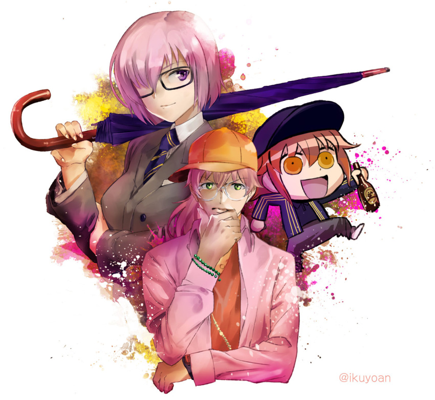 1boy 2girls baseball_cap bottle fate/grand_order fate_(series) formal fujimaru_ritsuka_(female) glasses hand_on_own_chin hat holding holding_bottle holding_umbrella ikuyoan kingsman:_the_secret_service multiple_girls riyo_(lyomsnpmp)_(style) romani_akiman shielder_(fate/grand_order) suit twitter_username umbrella