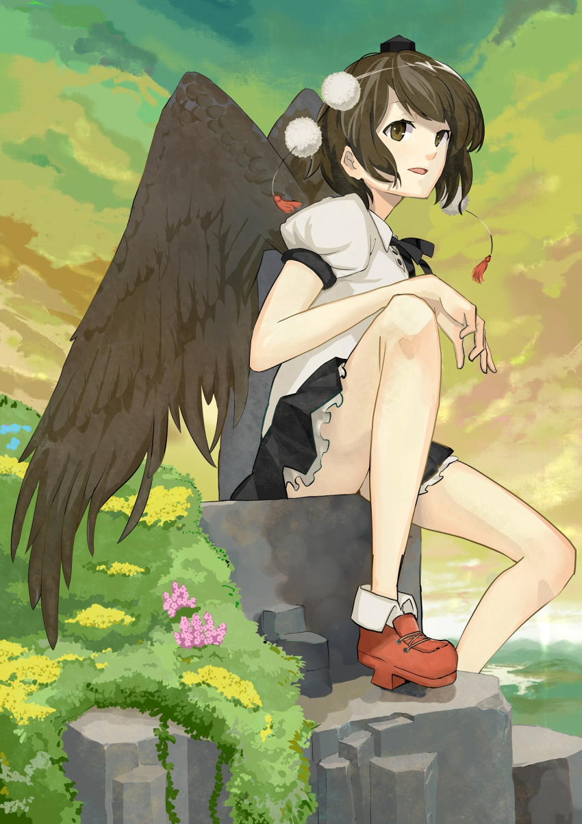 1girl black_wings brown_eyes brown_hair bush clouds cloudy_sky flower frilled_skirt frills geta hat highres narotake open_mouth outdoors pom_pom_(clothes) puffy_short_sleeves puffy_sleeves red_shoes shameimaru_aya shirt shoes short_sleeves sitting skirt sky solo tengu-geta tokin_hat touhou white_shirt wings