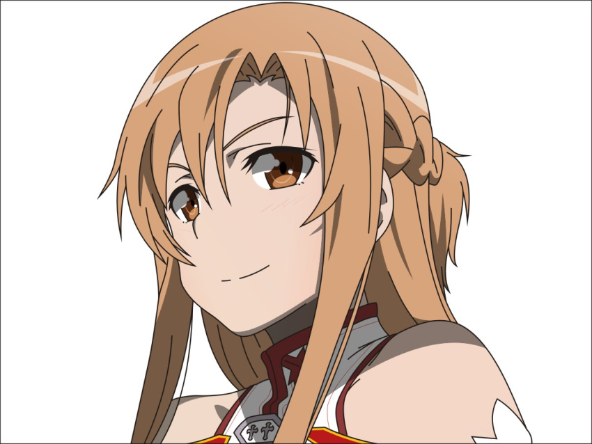 1girl asuna_(sao) bare_shoulders black_border blush border braid brown_eyes brown_hair commentary_request derivative_work doyagao long_hair looking_at_viewer simple_background smirk solo sword_art_online todo_(masa3373) white_background