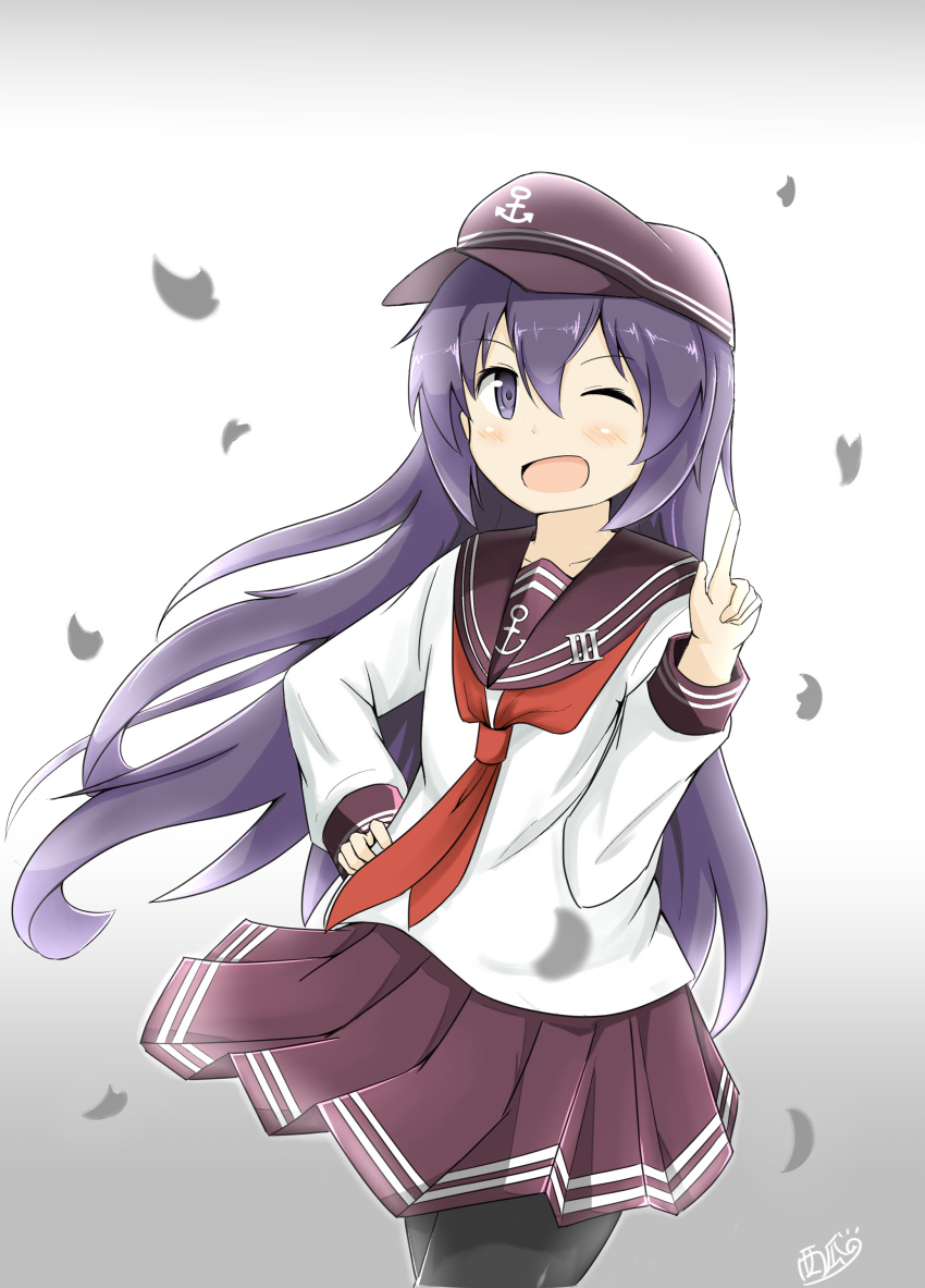 &gt;;d 1girl ;d absurdres akatsuki_(kantai_collection) anchor_symbol black_hat black_legwear blush collarbone commentary_request flat_cap gradient gradient_background grey_background hand_on_hip hand_up hat highres index_finger_raised kantai_collection long_hair long_sleeves looking_at_viewer neckerchief one_eye_closed open_mouth pantyhose petals pleated_skirt purple_hair purple_skirt red_neckerchief shirt signature simple_background skirt smile solo standing tareme very_long_hair violet_eyes white_background white_shirt