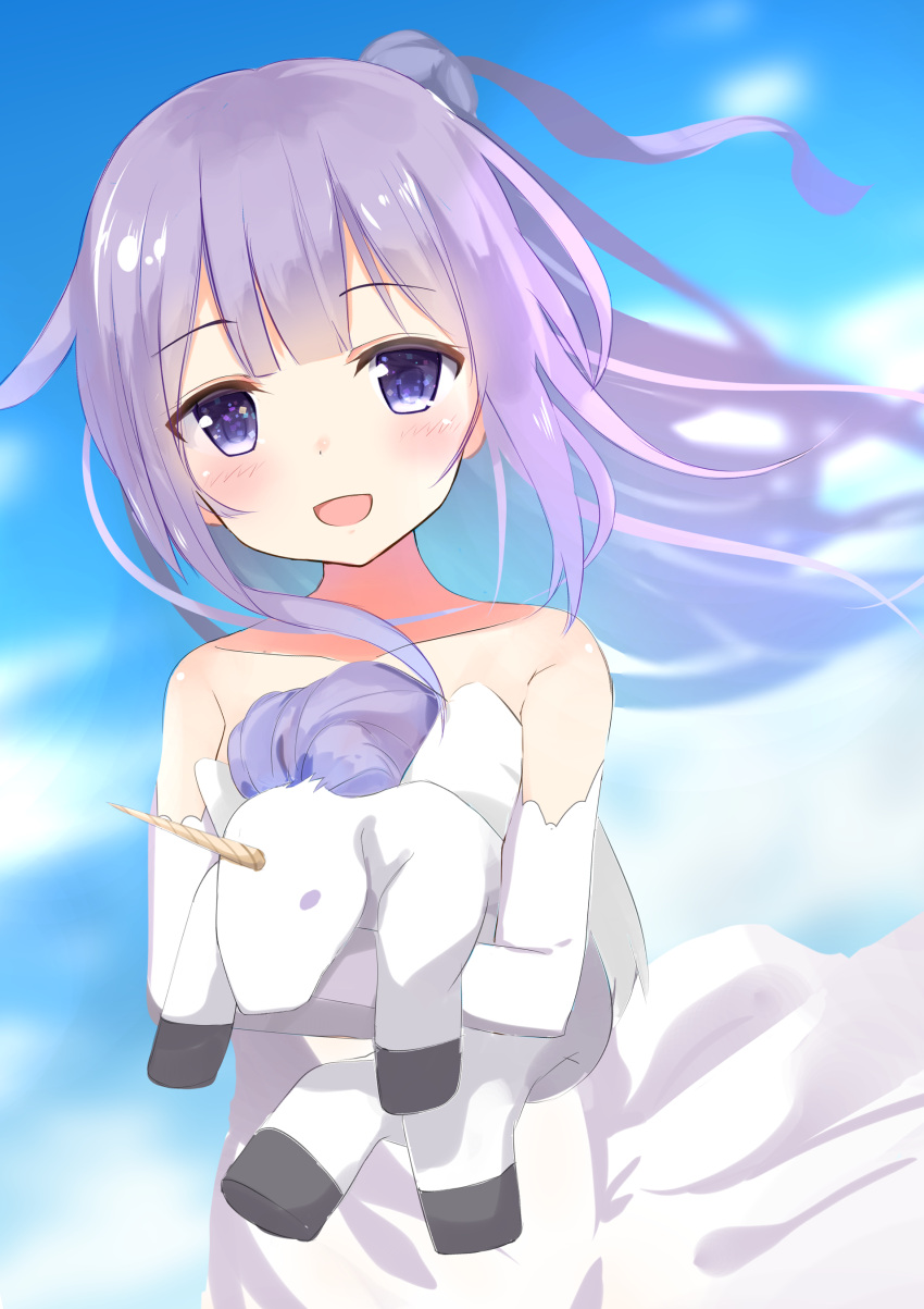 1girl :d absurdres azur_lane bare_shoulders blush collarbone commentary_request day dress dutch_angle elbow_gloves gloves hair_bun head_tilt highres long_hair looking_at_viewer object_hug odeclea open_mouth outdoors purple_hair smile solo strapless strapless_dress stuffed_animal stuffed_toy stuffed_unicorn unicorn_(azur_lane) very_long_hair violet_eyes white_dress white_gloves