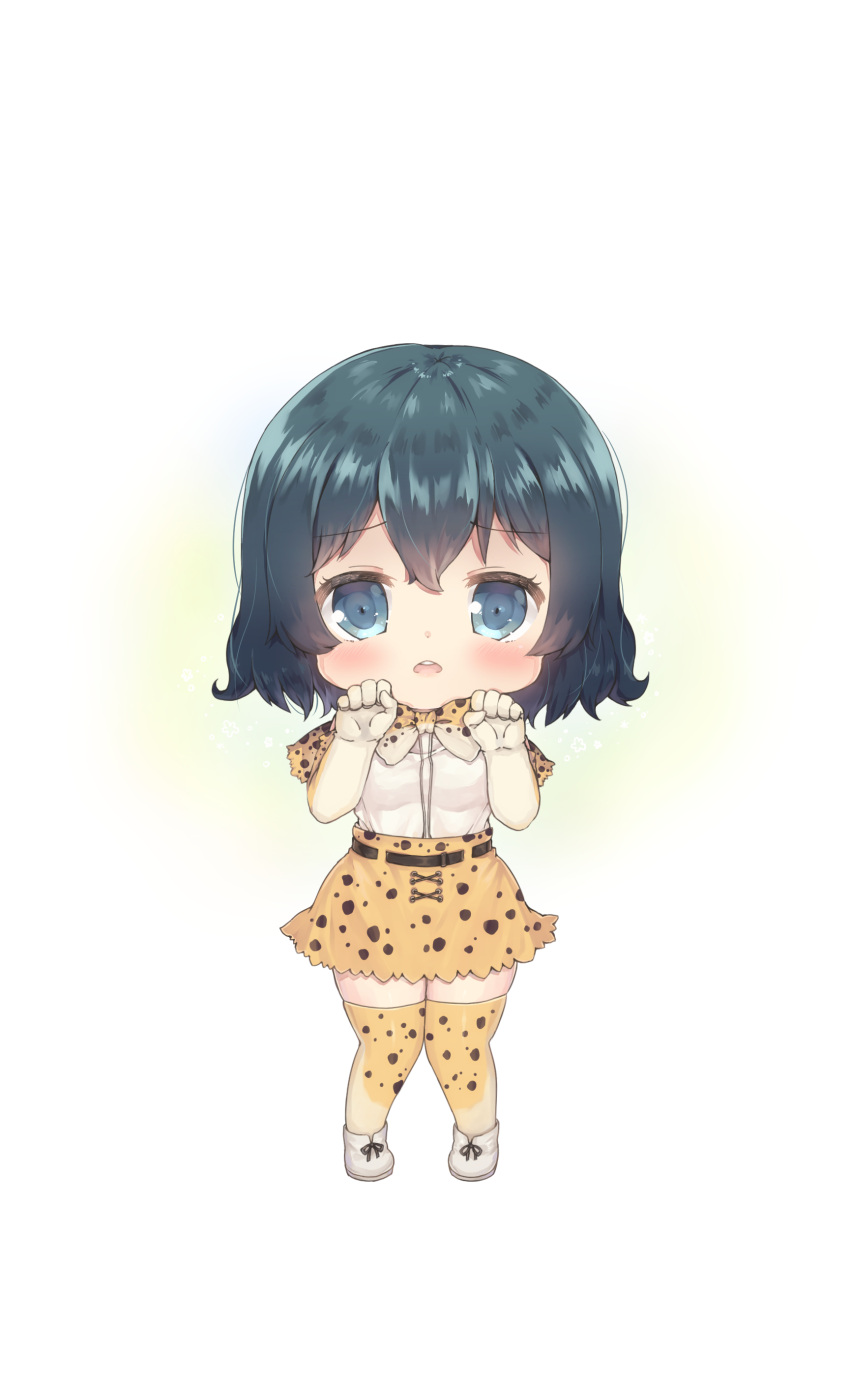 1girl absurdres black_hair blush bow bowtie cosplay elbow_gloves foreign_blue gloves hair_between_eyes highres kaban_(kemono_friends) kemono_friends knees_together_feet_apart looking_at_viewer open_mouth paw_pose reflective_eyes round_teeth serval_(kemono_friends) serval_(kemono_friends)_(cosplay) serval_print shiny shiny_hair shiny_skin shirt shoes skirt solo standing teeth thigh-highs white_background white_shirt white_shoes yellow_skirt
