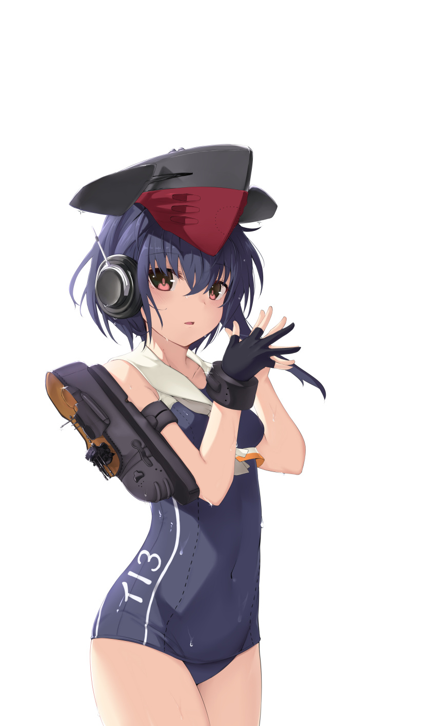 1girl absurdres bangs bare_arms bare_shoulders black_gloves black_hair black_hat blue_swimsuit blush breasts character_name clothes_writing covered_navel cowboy_shot crop_top eyebrows_visible_through_hair framed_breasts gloves hat headset highres i-13_(kantai_collection) ivan_wang kantai_collection looking_at_viewer machinery one-piece_swimsuit open_mouth own_hands_together red_eyes short_hair simple_background single_glove single_sidelock small_breasts solo standing swimsuit water_drop wet wet_clothes wet_swimsuit white_background