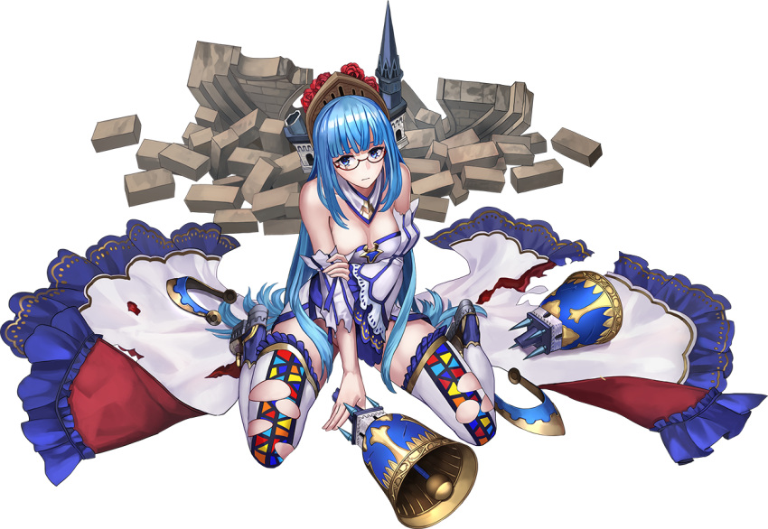 1girl artist_request bangs bare_shoulders bell between_legs blue_eyes blue_hair blunt_bangs boots breasts cleavage detached_sleeves dress flower full_body glasses hair_flower hair_ornament hand_between_legs holding_bell long_hair looking_at_viewer luxembourg_(oshiro_project) oshiro_project oshiro_project_re red-framed_eyewear rose semi-rimless_glasses sitting solo spread_legs thigh-highs thigh_boots torn_clothes transparent_background
