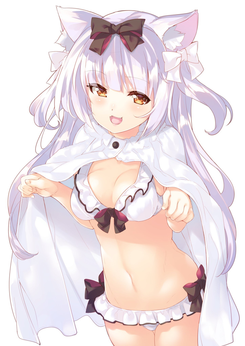 1girl :3 :d animal_ears azur_lane bangs bikini bikini_skirt black_bow black_ribbon blush bow breasts brown_eyes cat_ears cleavage commentary_request cowboy_shot eyebrows_visible_through_hair fang fingernails front-tie_bikini front-tie_top groin hair_bow hair_ribbon half-closed_eyes hands_up highres long_hair looking_at_viewer mayuzaki_yuu medium_breasts microskirt navel open_mouth paw_pose ribbon shiny shiny_hair shiny_skin side-tie_bikini sidelocks silver_hair simple_background skirt smile solo standing stomach swimsuit two_side_up white_background white_bikini white_bow white_cloak white_ribbon yukikaze_(azur_lane)
