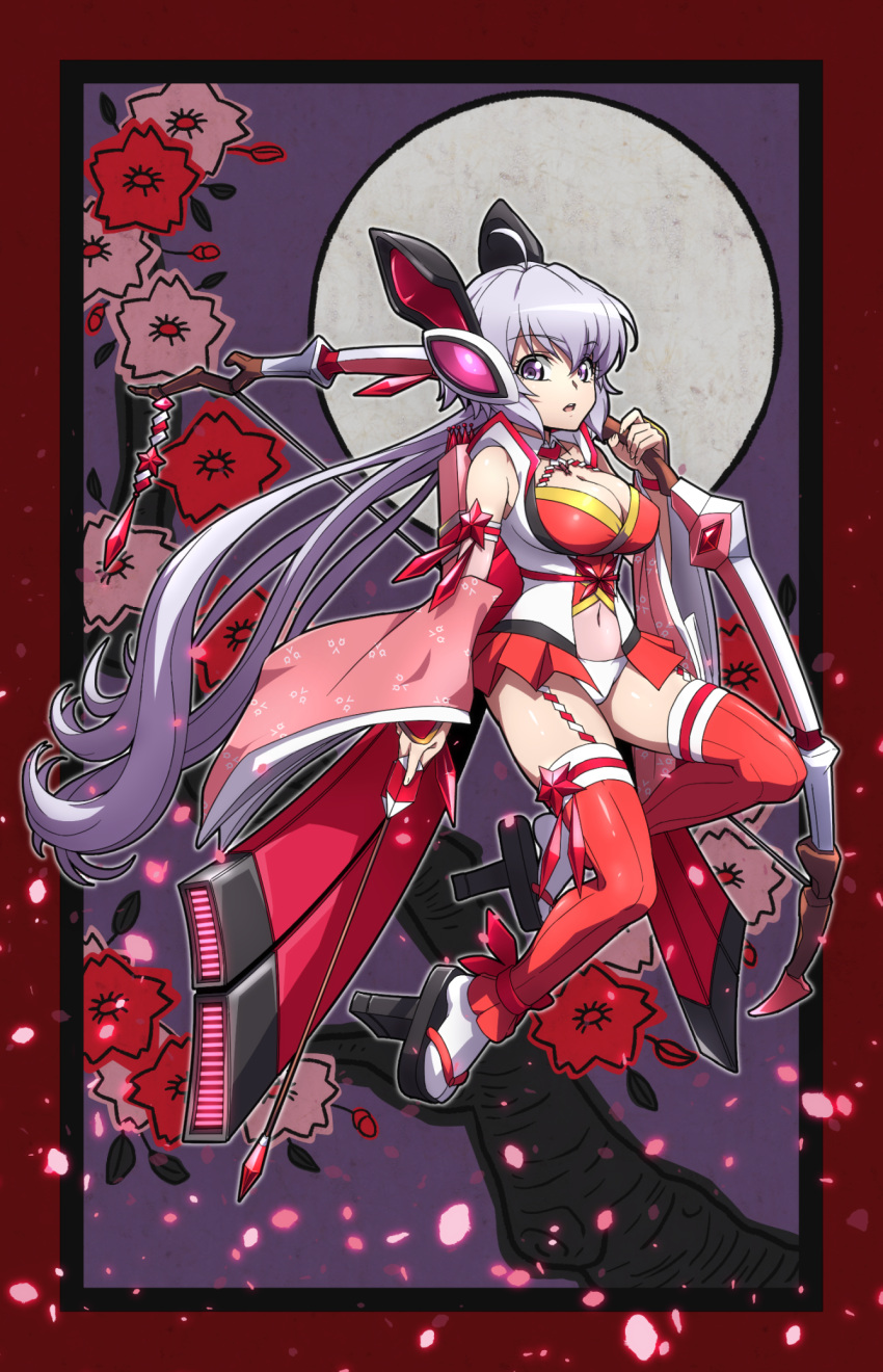 10s 1girl ahoge alternate_costume arrow bare_shoulders blush bow_(weapon) breasts cherry_blossoms cleavage covered_navel detached_sleeves garter_straps geta glowing_petals headgear highres japanese_clothes large_breasts leotard long_hair looking_at_viewer open_mouth petals red_legwear senki_zesshou_symphogear shiny shiny_hair shiny_skin silver_hair socks solo tengu-geta thigh-highs twintails uganda very_long_hair violet_eyes weapon wide_sleeves yukine_chris