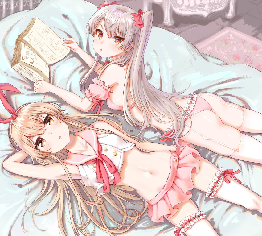2girls :o absurdres alternate_color alternate_costume amatsukaze_(kantai_collection) arm_at_side arm_behind_back armpits bangs bare_arms bare_shoulders bed_sheet blonde_hair blush book bow bra breasts brown_eyes collarbone commentary_request crop_top detached_sleeves double-breasted ezusa frilled_panties frills garter_straps hair_between_eyes hair_bow hair_ribbon hairband highres indoors kantai_collection leg_garter long_hair looking_at_viewer lying miniskirt multiple_girls navel on_back on_bed on_stomach open_book open_mouth panties pink_bra pink_hairband pink_panties pink_ribbon pink_skirt puffy_short_sleeves puffy_sleeves red_bow ribbon ribbon-trimmed_panties sailor_collar shimakaze_(kantai_collection) shiny shiny_skin short_sleeves silver_hair skirt sleeveless small_breasts stomach tsurime twintails underwear underwear_only very_long_hair