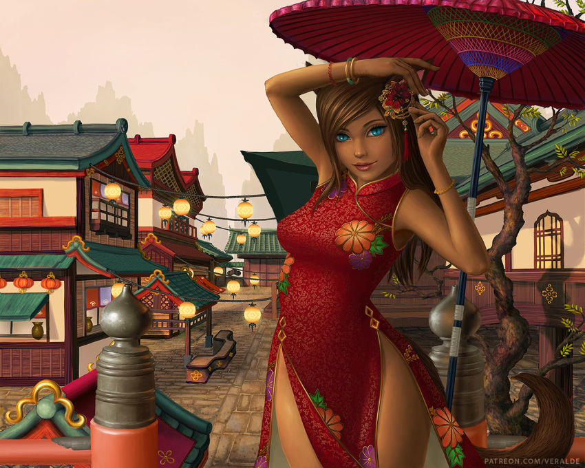 1girl animal_ears architecture arms_up blue_eyes bracelet breasts brown_hair cat_ears cat_tail china_dress chinese_architecture chinese_clothes dark_skin dress east_asian_architecture final_fantasy final_fantasy_xiv hair_ornament jewelry lips long_hair looking_at_viewer medium_breasts miqo'te oriental_umbrella outdoors slit_pupils smile solo tail umbrella veralde watermark web_address