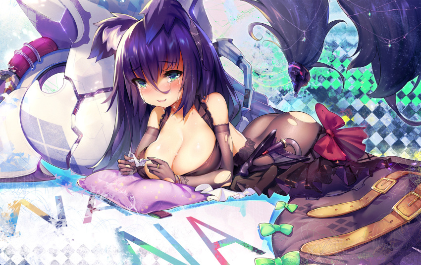 1girl animal_ears ass bare_shoulders black_hair black_legwear blue_eyes blush breasts butt_plug buttplug_tail cleavage crying crying_with_eyes_open dk.senie elbow_gloves gloves highres jewelry large_breasts long_hair looking_at_viewer lying on_stomach origami original pantyhose paper_crane ring solo tail tears torn_clothes torn_gloves torn_pantyhose
