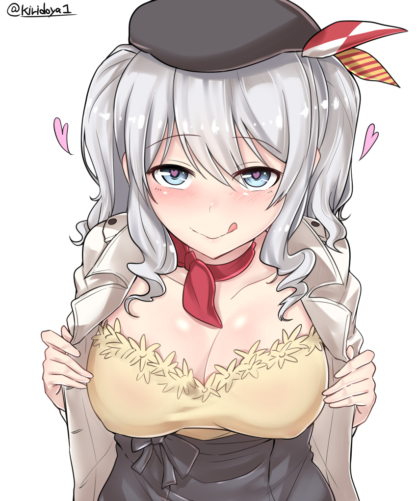 1girl absurdres alternate_costume beret black_hat blue_eyes blush breasts cleavage collarbone commentary_request erect_nipples from_above grey_jacket grey_skirt hat heart heart-shaped_pupils highres jacket kantai_collection kashima_(kantai_collection) kiritto long_hair looking_at_viewer medium_breasts open_clothes open_jacket red_collar shirt silver_hair simple_background skirt smile solo symbol-shaped_pupils tongue tongue_out twintails twitter_username upper_body white_background yellow_shirt