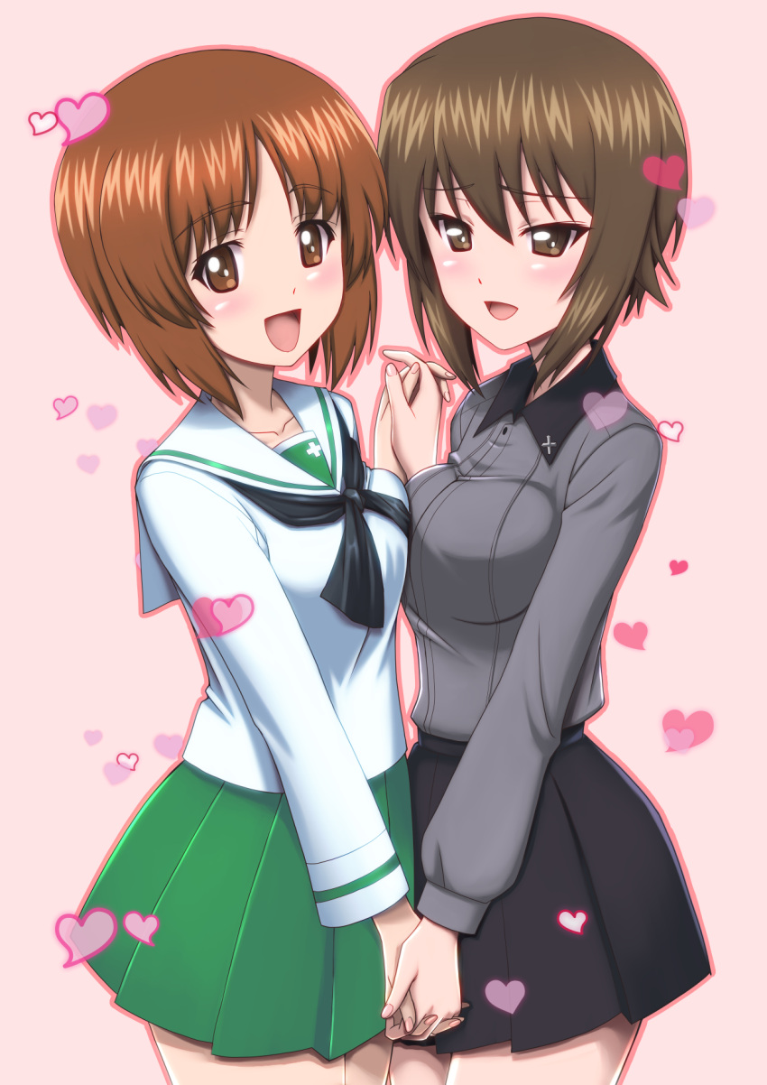 2girls black_shirt black_skirt blush breasts collarbone cowboy_shot eyebrows_visible_through_hair girls_und_panzer hair_between_eyes hand_holding head_tilt heart highres kuromorimine_school_uniform long_sleeves looking_at_viewer medium_breasts multiple_girls neckerchief nishizumi_maho nishizumi_miho ooarai_school_uniform outline pink_background pleated_skirt school_uniform serafuku shirt short_hair siblings sisters skirt t_k white_shirt