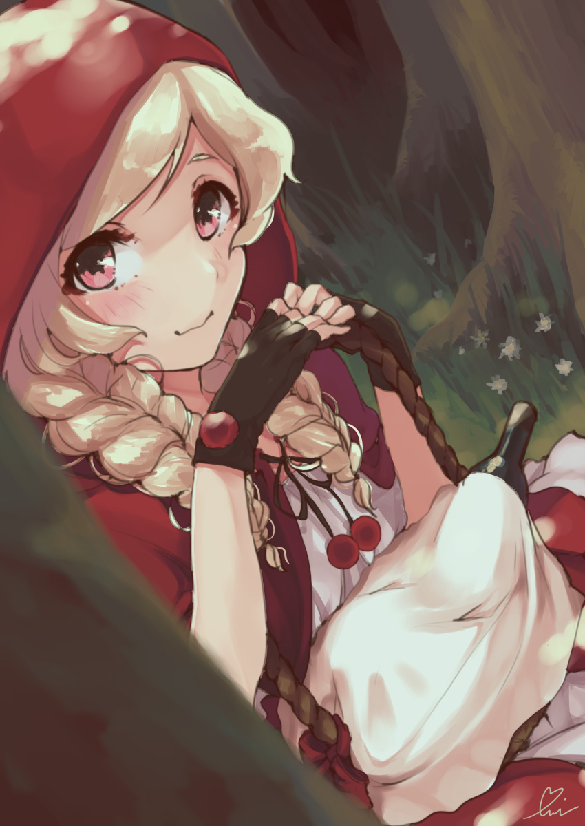 1girl absurdres bangs basket blonde_hair bottle braid cloak hair_over_shoulder highres hood hooded_cloak little_red_riding_hood little_red_riding_hood_(grimm) looking_at_viewer momoka_sasa outdoors pink_eyes red_hood school_girl_strikers smile solo swept_bangs tree twin_braids uni_(melm) wine_bottle