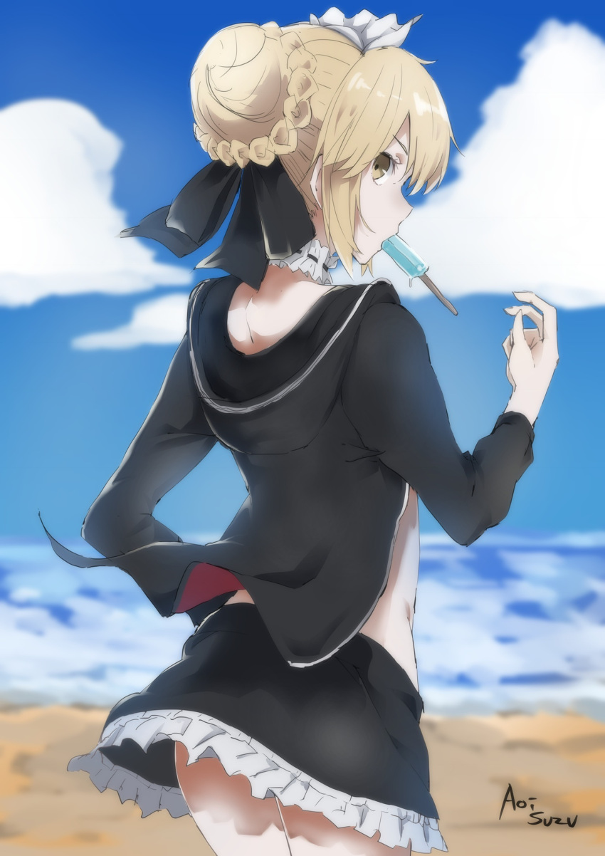1girl aoi_suzu artist_name artoria_pendragon_(all) artoria_pendragon_(swimsuit_rider_alter)_(fate) black_jacket black_ribbon black_skirt blonde_hair blue_sky blurry blurry_background cowboy_shot day eating fate/grand_order fate_(series) food frilled_skirt frills from_behind hair_bun hair_ribbon highres hood hood_down hooded_jacket jacket long_sleeves looking_back maid_headdress miniskirt mouth_hold neck_garter ocean open_clothes open_jacket outdoors popsicle profile ribbon saber_alter short_hair skirt sky standing yellow_eyes