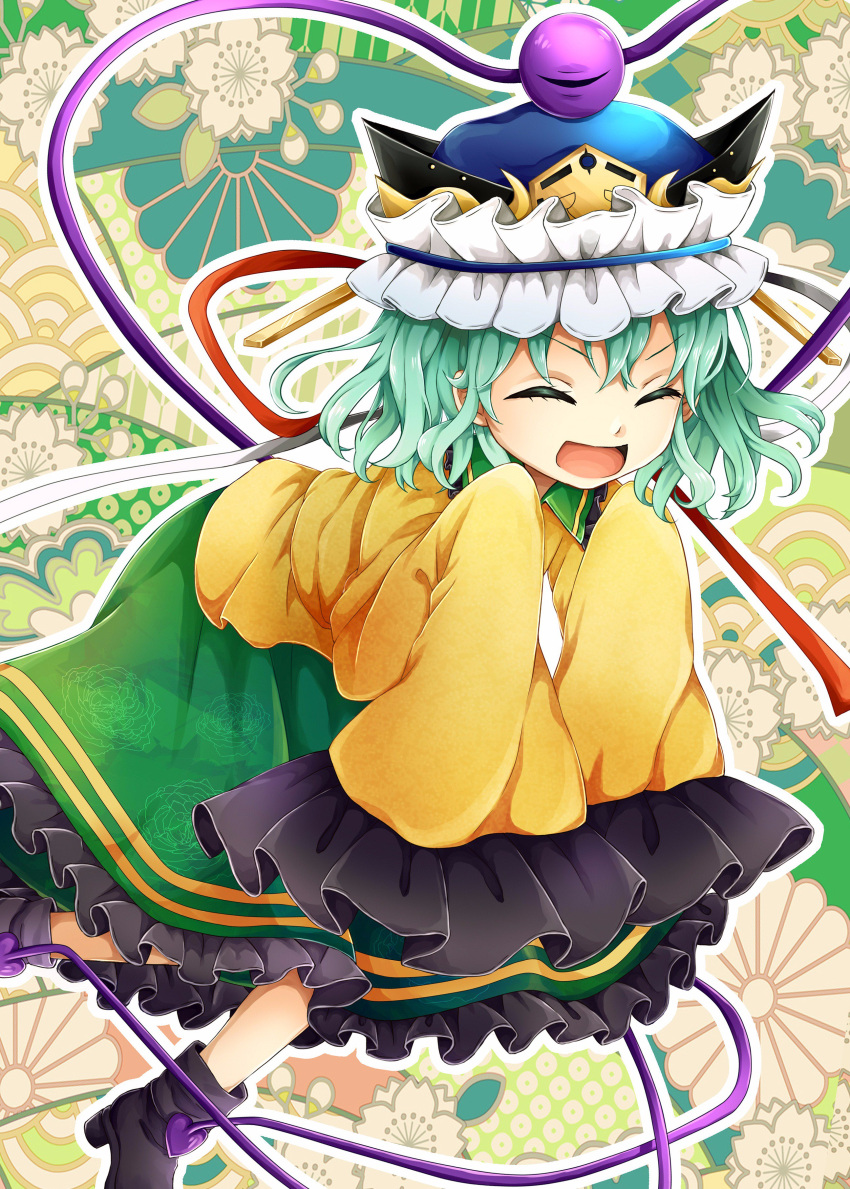 1girl absurdres black_footwear closed_eyes commentary_request cosplay floral_print frilled_skirt frilled_sleeves frills green_hair green_skirt heart highres komeiji_koishi open_mouth rnkgmn shiki_eiki shiki_eiki_(cosplay) shirt shoes skirt sleeves_past_wrists smile solo third_eye touhou wide_sleeves yellow_shirt