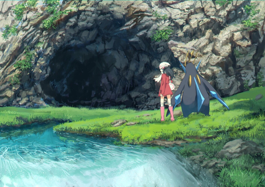 1girl bag beanie black_hair boots cave coat day duffel_bag empoleon from_behind full_body grass hair_ornament hairclip hat hikari_(pokemon) knee_boots legs_apart long_hair long_sleeves looking_back outdoors pink_boots pippi_(pixiv_1922055) pokemon pokemon_(creature) pokemon_(game) pokemon_dppt red_coat river scarf scenery standing thigh-highs water white_hat white_legwear white_scarf winter_clothes winter_coat