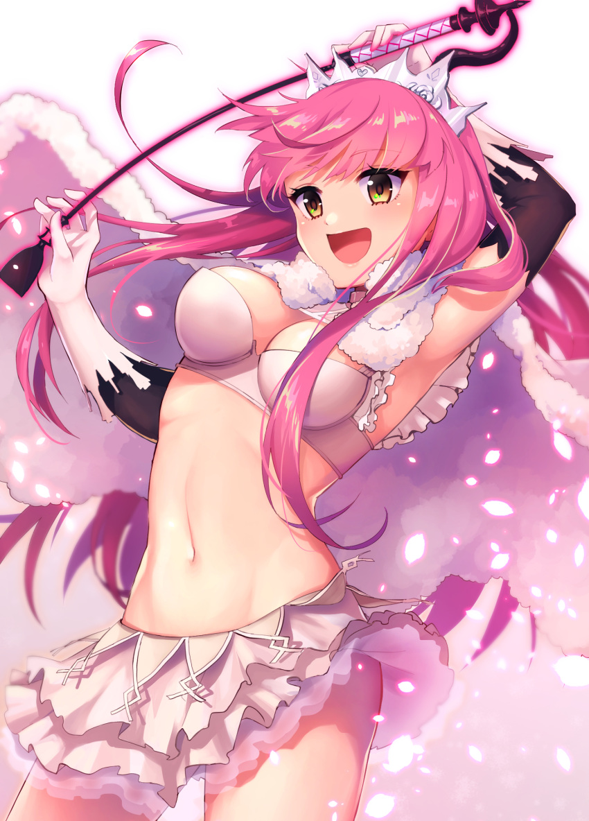 1girl bangs blunt_bangs breasts cocorosso fate/grand_order fate_(series) gloves highres long_hair looking_at_viewer medb_(fate/grand_order) medium_breasts navel open_mouth petals pink_hair riding_crop simple_background skirt smile solo white_background white_gloves yellow_eyes