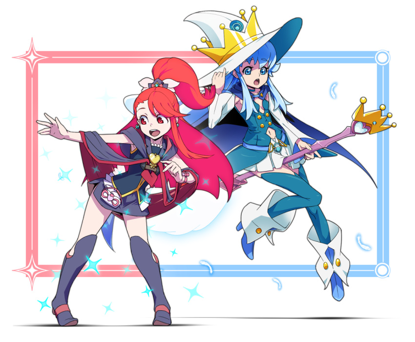 2girls bare_shoulders blue_hair blue_legwear boots brooch crown cure_princess detached_sleeves full_body han_megumi happinesscharge_precure! hat heart jewelry kagari_atsuko little_witch_academia long_hair miniskirt multiple_girls navel navel_cutout open_mouth pleated_skirt ponytail precure redhead seiyuu_connection shirayuki_hime skirt sparkle thigh-highs uganda white_hat witch_hat